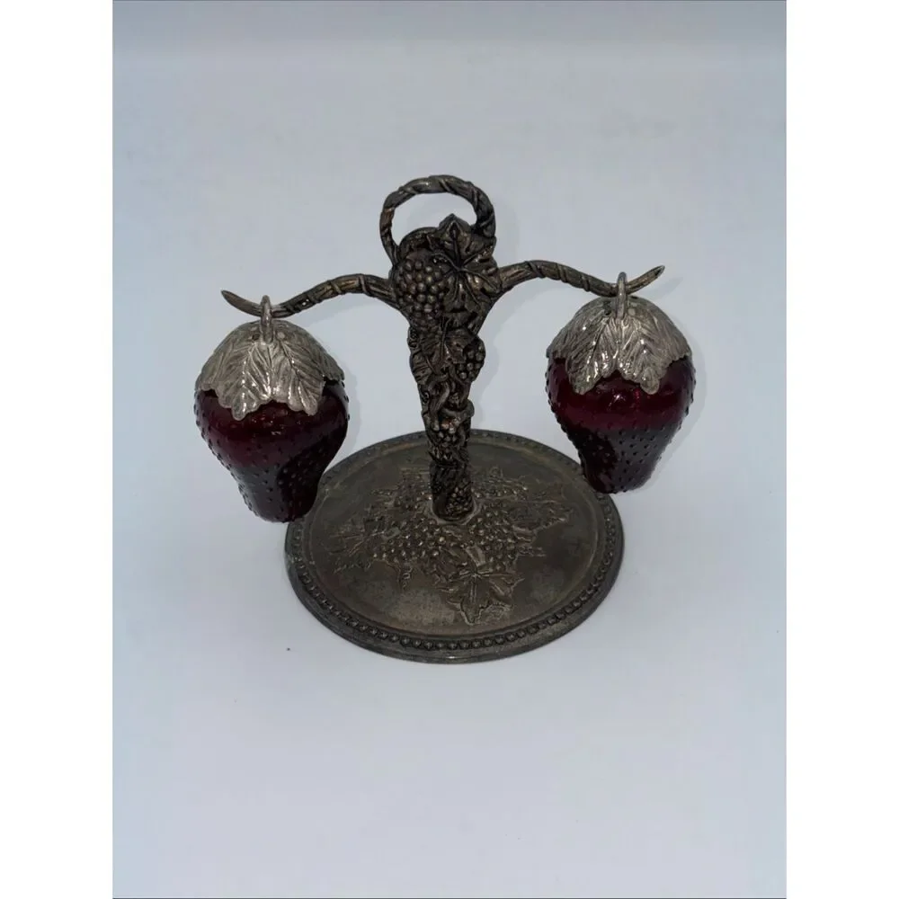 Vintage Red Glass Hanging Strawberry Salt & Pepper Shakers With Silver Stand